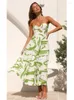 Sıradan Elbiseler Foridol Yeşil Baskılı Çiçek Omuz Kapalı Kadınlar İçin Yaz Elbisesi Bowknot Boho Maxi Beach Vestidos 2024 Smocked Uzun Sundress