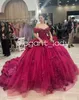 Fuchsia Rosa Prinzessin Quinceanera Kleider Off Shoudler Langarm 3D Floral Kristall vestido de 15 quinceaneras 2024