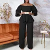 Etniska kläder 2024 Summer Elegant Off Shoulder Women Pant Set Long Lantern Sleeve Tunic Tops and Wide Ben Pants Casual Suits 2sts