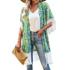 Kvinnors badkläder boho elegant chic snörning tryckt skjorta kvinna sommarstrand blommig tofsar kimono bikini cover