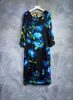 2024 Spring Black Floral Print Dress Long Sleeve Round Neck Long Maxi Casual Dresses F4M061401