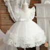 Flickans klänningar Flower Party Dresses For Girls Flying ärmar Puffy Princess Dress Baby Girl Birthday Baptism Tutu Klänning Barn Bröllopskläder L240311