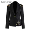 Twotwinstyle Loose Fit Black Hollow Out Pin skarvade jacka Blazer Lapel Long Sleeve Women Coat Fashion Autumn Winter 240226