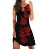 Casual Dresses Rose Flower Printed For Women 2024 Summer Ladies Sleeveless Hollow V-neck Dress Women's Loose Beach Robe Femme