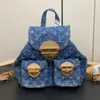 2024 mochila mochila jeans apresenta três bolsas douradas com aba grande azul global orgânico padrão lona natural