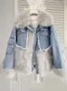 KBAT 2024 Donna Inverno Giacca di jeans Oversize Grande collo di pelliccia Più Giacca di velluto Staccabile Spessore Sciolto Caldo Bomber Jean Cappotto 240301