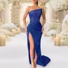 Casual Dresses Women Dress Shiny Sequin Slant Bandeau Collarless Off Shoulder High Split Hem Slim Fit Floor Length Ball Gown Party Long