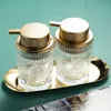 European Glass Soap Bottle Golden Stroke Decorative Desktop Shampoo Press Set Modern Relief Home Bathroom Accessories 240228
