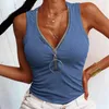 Canotte da donna Sport Fitness Casual T-shirt senza maniche Donna Cerniera frontale con scollo a V Canotte a costine per gilet slim fit tinta unita