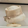 ワイドブリム帽子バケット帽子高品質の凹面上麻糸物質弓装飾漁師帽子レトロシンプルビーチサンベイスンハットQ240312