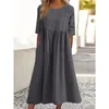 Casual Kleider Frauen Sommer Vintage Einfache Streetwear Baumwolle Leinen Solide Kurzarm Plissee Übergroßen Strand Midi Kleid Vestido