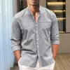 Camisas casuales para hombres Camisa de hombre de color sólido Cuello alto elegante con diseño de un solo pecho Ajuste suelto Tela suave y transpirable para la primavera