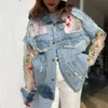 Chaquetas Mujer Estate Streetwear Ricamo Patchwork di pizzo Giacca di jeans sexy Donna Nappa sfilacciata Allentato Corea Blu Jean Cappotto 3XL 240307