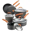 Cookware Sets Brights Hard-Anodized Aluminum Nonstick Set With Glass Lids 10-Piece Pot And Pan Gray Orange Handles