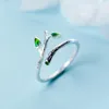 Cluster Rings 925 Sterling Silver Plant Open Ring For Woman Girl Simple Branch Drop Glaze Leaf Design Jewelry Party Gift