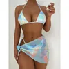 Женские купальники Tie Dye Halter Бразильское бикини Женский купальник Женский комплект из трех частей с саронгом Купальный костюм Swim K2912