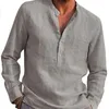 Men's Casual Shirts Cotton Linen Men's Long-Sleeved Summer Solid Color Stand-Up Collar Beach Style