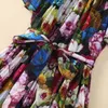 2024 여름 멀티 컬러 플로럴 프린트 쉬폰 실크 드레스 짧은 슬리브 둥근 목 벨트 미디 캐주얼 드레스 S4M110306