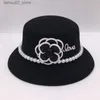 Wide Brim Hats Bucket Hats High quality white camellia fedora Pearl Band % wool felt hat Floppy Ladies Wedding Church Hat Pork Pie Trilby hat Q240312