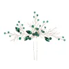 Hair Clips U-shaped Hairpin Green Crystal Pearl Clip Forks For Women Handmade Charm Side Pin Headdress Wedding Bride Jewelry