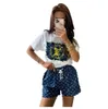 Women Old flowers Tracksuits Summer Short Sleeve O-Neck Tee Tops+Denim Shorts Two Piece Set Outfit Legging Women Jogging Suit Free Ship