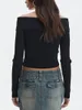 Yoawdats Dames Y2K Off-shoulder trui Trendy Slim Fit Effen Kleur Gebreid Crop Tops Grunge Lange mouw Rits Shirt Street chic