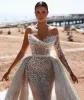 Classic Wedding Dress One Shoulder Mermaid Bridal Gowns with Detachable Train Pearls Illusion Bride Dresses Sweep Train Custom Made