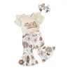 Set di abbigliamento Born Infant Baby Girl Abiti estivi Manica corta Divertente Lettera Pagliaccetto Pantaloni a zampa floreale Fascia per capelli Coming Home Outfit 3 pezzi