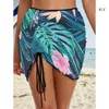 Mulheres Swimwear Mulheres Impresso Cordão Ruched Curto Bodycon Beach Saia Sheer Bikini Bottoms Maiôs Cobrir para