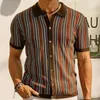 Camisas casuais masculinas verão listra de luxo impresso malha pola pescoço manga curta botão para baixo t-shirts para homens vintage negócios malhas 36gz