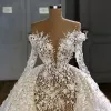 2024 Arabische Meerjungfrau-Hochzeitskleider Brautkleider mit abnehmbarer Schleppe, langen Ärmeln, Perlen, Spitze, applizierter Robe