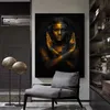 Pintura en lienzo de mujer negra dorada, carteles de arte africano para mujer, pinturas modernas para cuadros de pared de salón, decoración del hogar, Cuadro2596