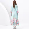 Spring Long Floral Pink Dresses For Women Vacation Style Stand Collar Buttons Cardigan Maxi Dress Designer Ladies Full Sleeve Printed Beach Casual Party Robes