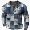 Mens Cotton T Shirt Color Block Graphic Tshirt Print Henley Overdimensionerad Apparel Outdoor Casual Long Sleeve Button Clothing 240305