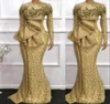 2022 Vestidos de noche de sirena árabe Use encaje con lentejuelas doradas por encargo Sexy fuera del hombro Prom Manga larga Robe De Marrige Sweep T5339024