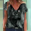 T-shirt damski 2022 Nowe damskie koszulki 3D Cat Print V-Neck Short Slee T Shirt for Dams Casual Animal Girl