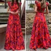 Casual Dresses Women Maxi Dress Elegant Women's O-neck With Leaves Printing High Waist Backless Lace-up Flowy Ruffle Hem For Any