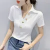 Dames T-shirts 2024 Zomer Europese Kleding Katoenen T-shirt Chic Sexy V-hals Knop Patchwork Streep Vrouwen Tops Korte Mouw Slanke Tees