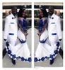 Satin blanc dentelle bleu royal Aso Ebi robes de bal africaines manches longues illusion appliques robes de soirée formelles Pageant célébrité Dre4682968