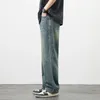 Mäns jeans 2024 Vår/sommar i mitten av hög midja koreanska denim byxor tonåringar mode retro lös rak gata