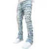 Jeans masculinos regular ajuste empilhado remendo angustiado destruído calças jeans retas streetwear roupas casuais jean 527 819