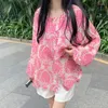 Women's Blouses French Loose O-neck Tops Sunscreen Lady Clothing Summer Lantern Long Sleeve Chiffon Shirt Casual Plant Floral Print Blouse