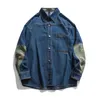 Camisas casuais masculinas camuflagem americana costura denim camisa bolso no peito jeans 2024 primavera fina solta carga jaqueta 530f