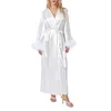 Women's Sleepwear Women Spa Night Robe Feather Patchwork Long Sleeve Lightweight Kimono Bathrobe For Soft Pajama Loungewear Nightwear