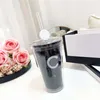 Internet Celebrity Plastic Cup Glitter Cold Drink Juice Cup Transparent Tape Flat Lock Double-Layer Cup With Straw Simple