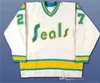 Vintage Herren 1970er CALIFORNIA GOLDEN SEALS 27 GILLES MELOCHE 7 REGGIE LEACH Jersey genäht Weiß Blau Grün Gelb Alternativ S-5XL individuell Beliebiger Name