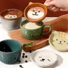 Tazza da caffè in ceramica con animali europei con coperchio Tazza da cartone animato Coppia colazione Latte Regalo Bere a casa 240228