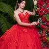 赤い光沢のあるボールガウンQuinceanera Dresses 3D FlowersアップリケレースコルセットVestidos de 15 Anos Birthday Princess Gowns