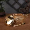 Storage Bottles Gold-plated Jar With Lid Creative Glass Seasoning Box Hollow Metal Flower Crafts Salt Sugar Candy Food Container