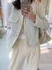 Fransk vintage kvinna liten doft tweed jacka topp cardigan coat höstknapp kvinnlig paket elegant rutig kort outkläder 240229